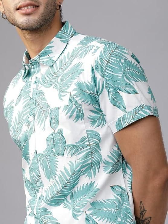 Men's Printed Half Sleeves Regular Collar Casual Shirt White & Light Green